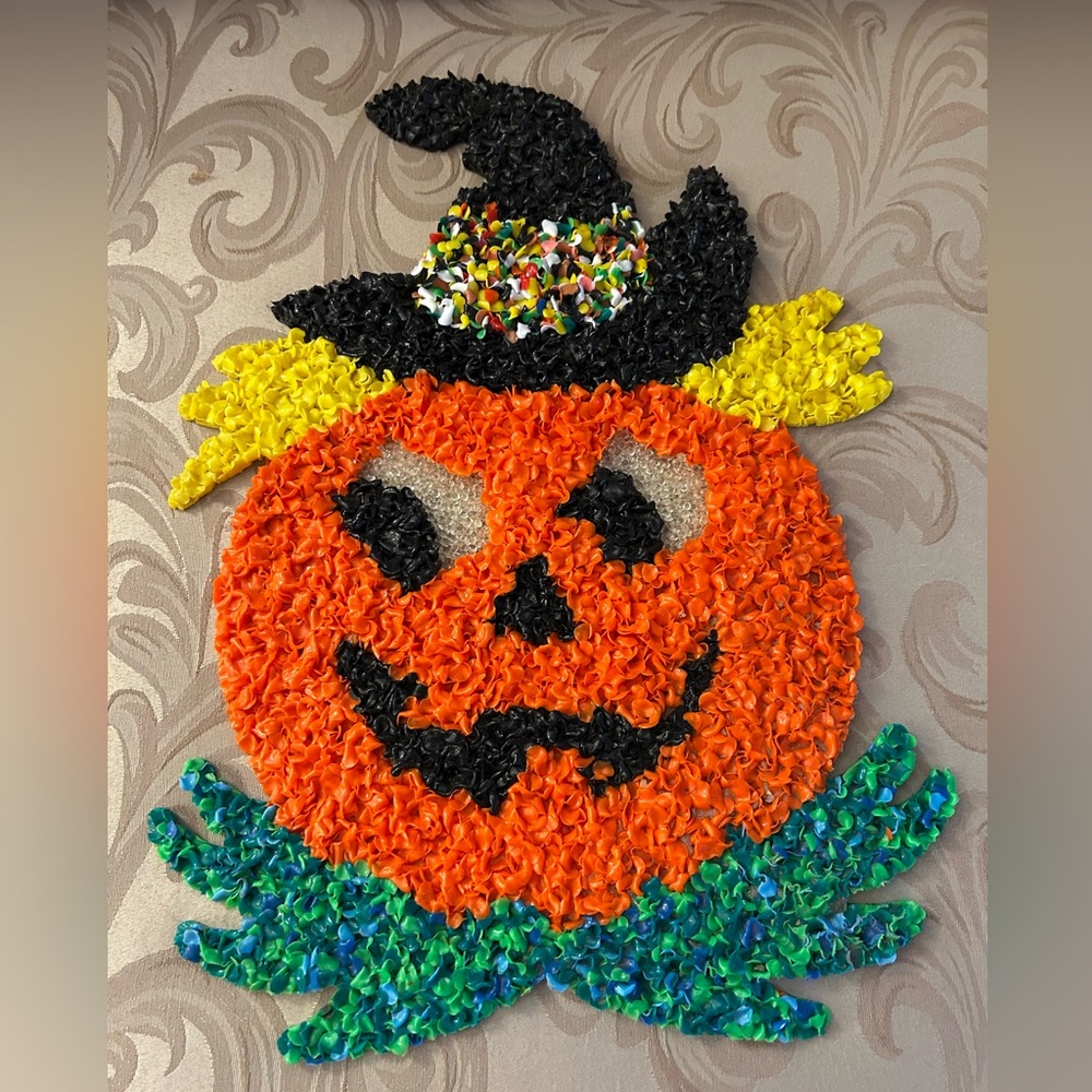 Vintage Melted Plastic Popcorn Plastic Halloween Pumpkin Man, Jack-o’-lantern